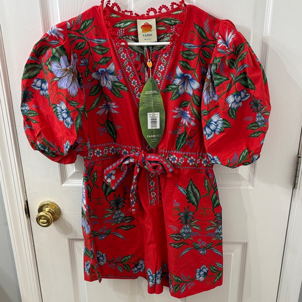 FARM Rio Red Floral Romper with Puff Sleeves - NEW with tags